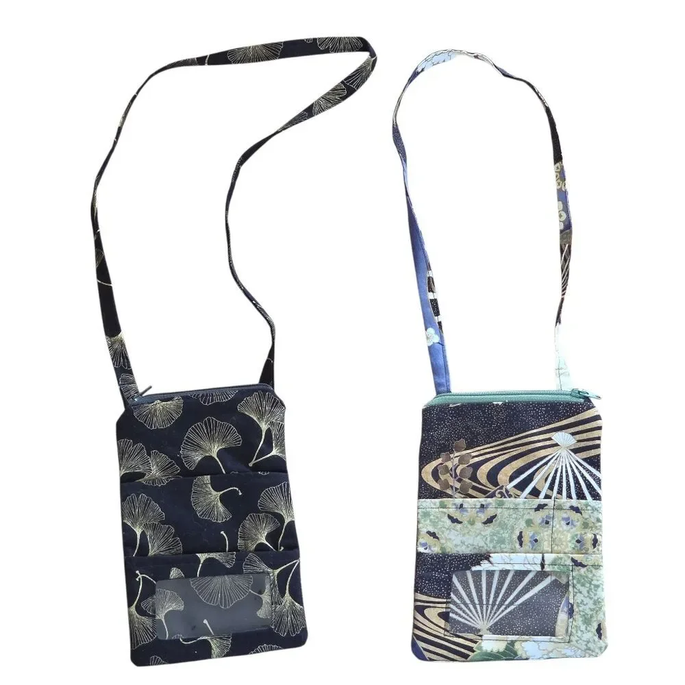 Crossbody Phone Bag ID Card Slot LOT OF 2 Decorative Asian Prints Gingko NWOT